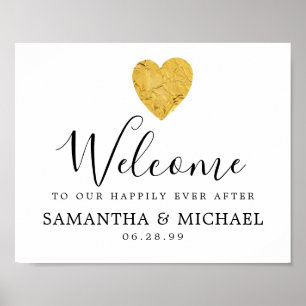 Gold Heart Happily Ever After Wedding Welcome Sign ポスター