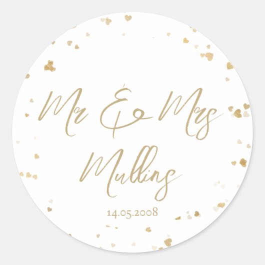 Gold Heart “Mr & Mrs” Wedding ラウンドシール (正面)