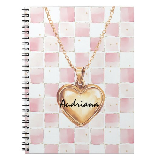 Gold Heart Necklace Pink White Squares ノートブック (正面)