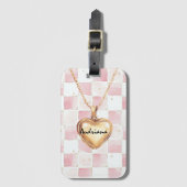 Gold Heart Necklace Pink White Squares ラゲッジタグ (正面縦)