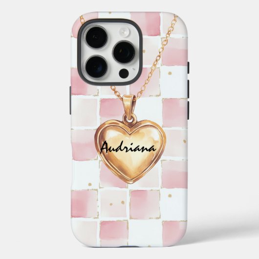 Gold Heart Necklace Pink White Squares Case-Mate iPhoneケース (裏面)
