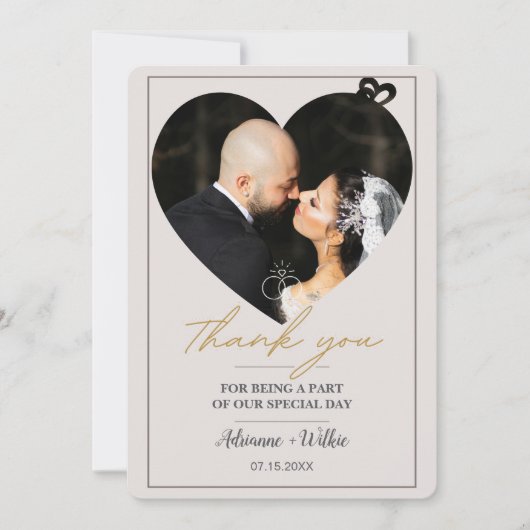 Gold Heart Photo Minimalist Wedding Thank You Card サンキューカード (正面)