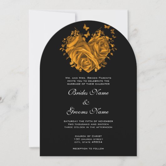 Gold Heart Roses & Butterflies Wedding Invitation 招待状 (正面)