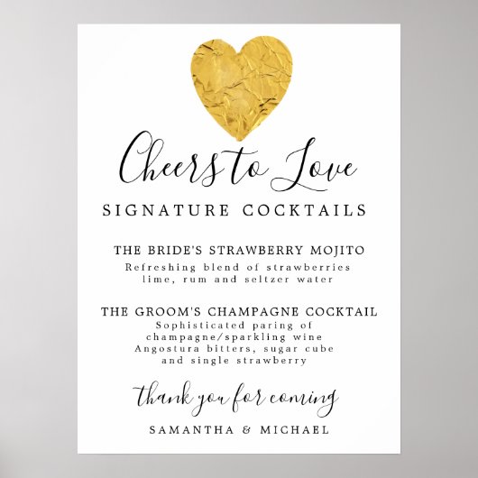 Gold Heart Signature Cocktails Wedding Bar Sign ポスター (正面)