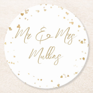 Gold Heart Wedding Coaster ラウンドペーパーコースター