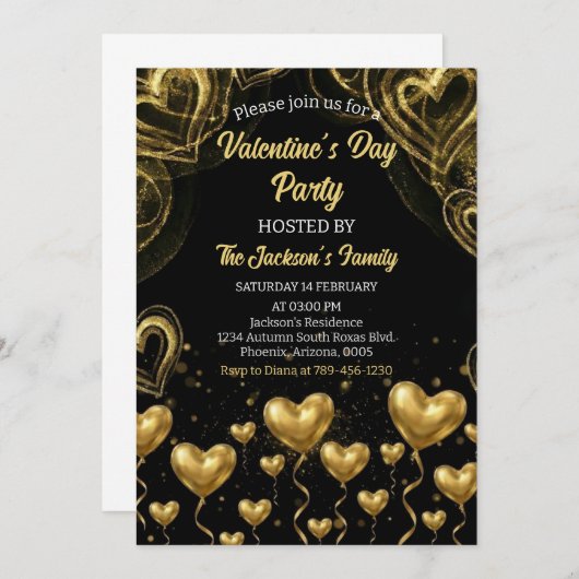 Gold Hearts Valentine's Day Party 招待状 (正面/裏面)