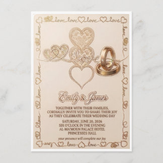 Gold Hearts & Wedding Rings Elegant Invitation エンクロージャーカード