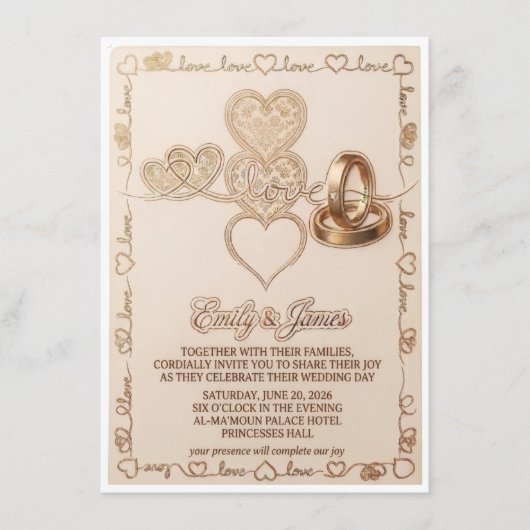 Gold Hearts & Wedding Rings Elegant Invitation エンクロージャーカード (正面)