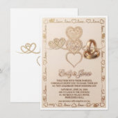 Gold Hearts & Wedding Rings Elegant Invitation エンクロージャーカード (正面/裏面)