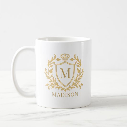 Gold Heraldic Crest Crown Monogram コーヒーマグカップ (左)
