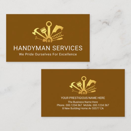 Gold Home Handyman Tools On Brown Layer 名刺 (正面/裏面)
