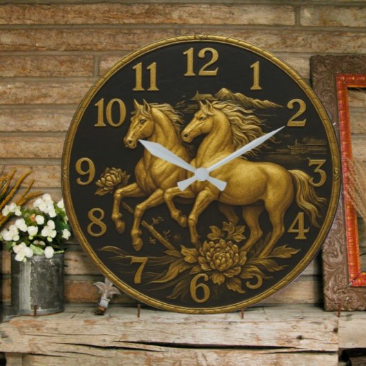 Gold horse plated equestrian elegant rustic luxury ラージ壁時計
