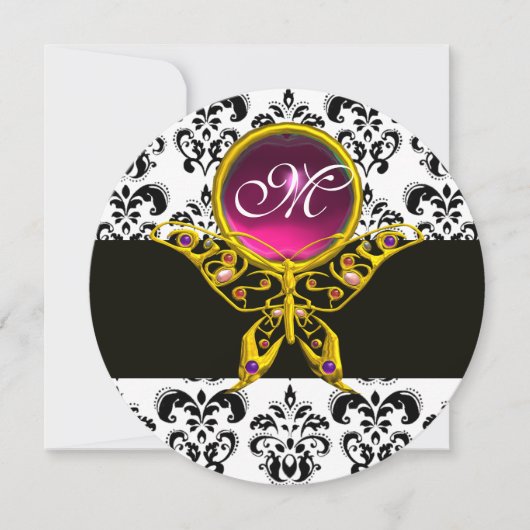 GOLD HYPER BUTTERFLY MONOGRAM, Black White Damask 招待状 (正面)