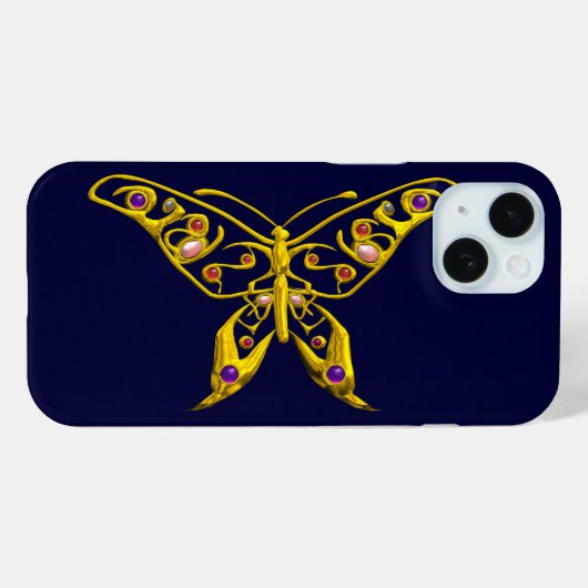 GOLD HYPER BUTTERFLY WITH GEMSTONES,ブルー Case-Mate iPhoneケース (裏面 (横))