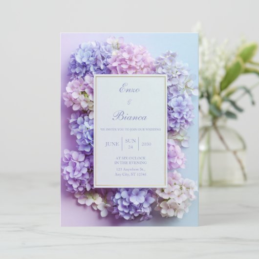 Gold Inset Lavender Hydrangea Frame Wedding 招待状 (スタンド正面)