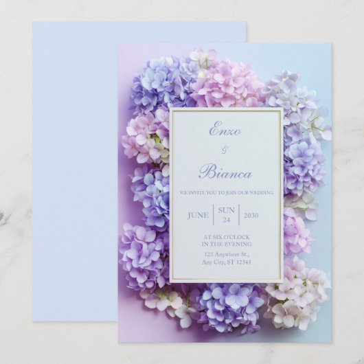 Gold Inset Lavender Hydrangea Frame Wedding 招待状 (正面/裏面)