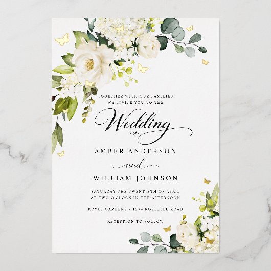 Gold Ivory Floral Butterfly Wedding  箔招待状 (正面)