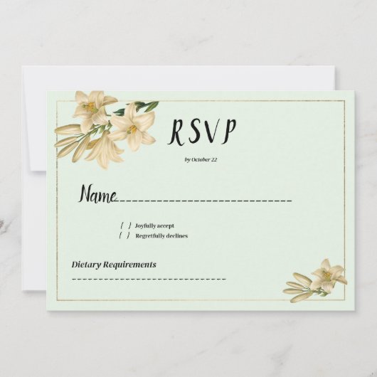 Gold ivory mint green white lily flower RSVP 招待状 (正面)