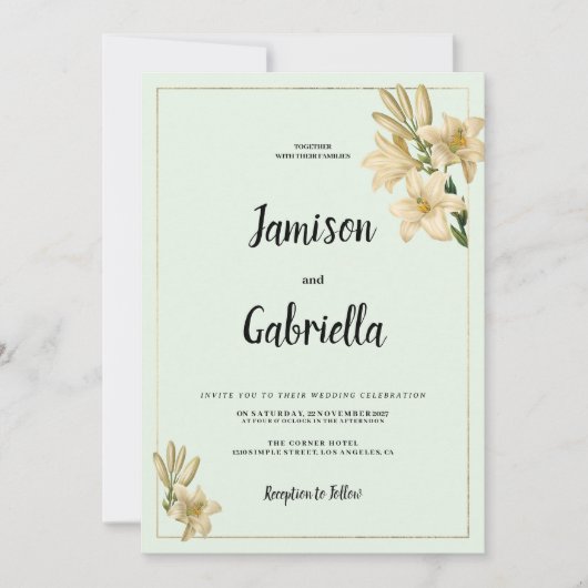 Gold ivory mint green white lily flower Wedding  招待状 (正面)