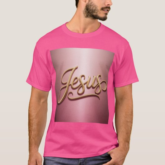 Gold Jesus Script Pink Basic Men's T-Shirt Tシャツ (正面)
