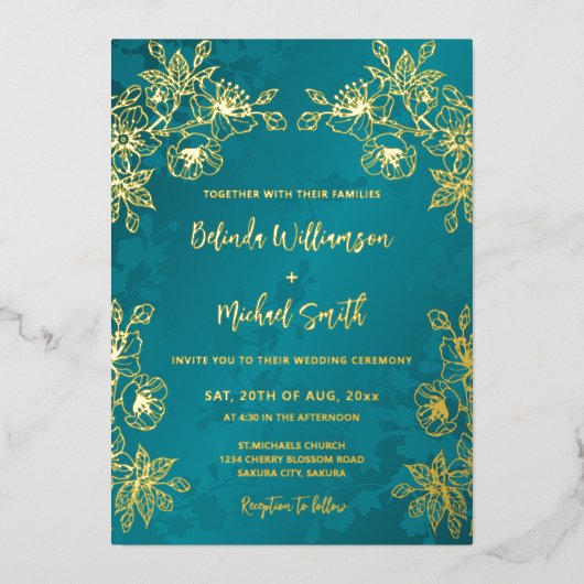 Gold Jewel Tone Floral Wedding 箔招待状 (正面)