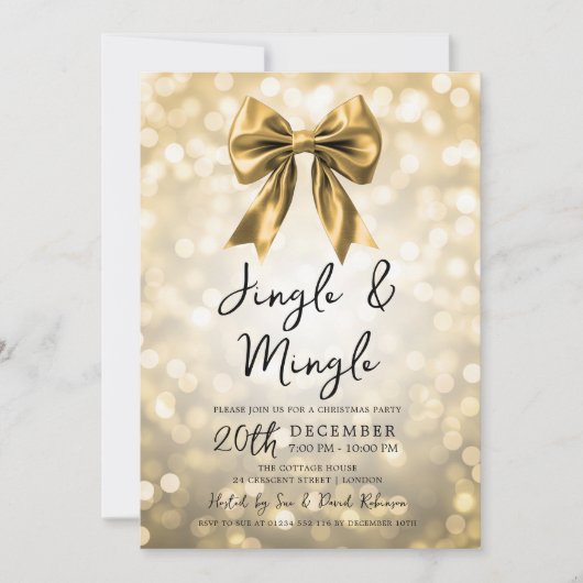 Gold Jingle & Mingle Christmas Party Bow & Lights 招待状 (正面)