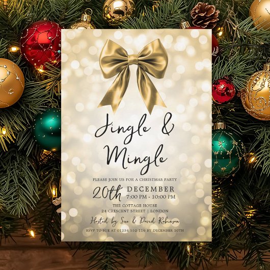 Gold Jingle & Mingle Christmas Party Bow & Lights 招待状