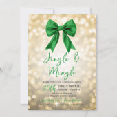 Gold Jingle Mingle Christmas Party Green Bow 招待状 (正面)