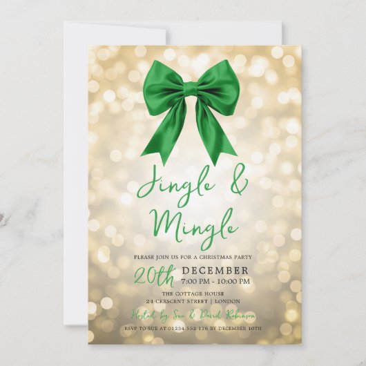 Gold Jingle Mingle Christmas Party Green Bow  招待状 (正面)
