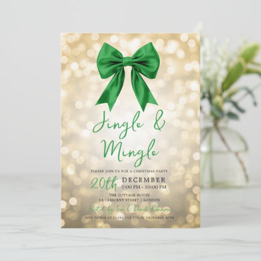 Gold Jingle Mingle Christmas Party Green Bow 招待状 (スタンド正面)