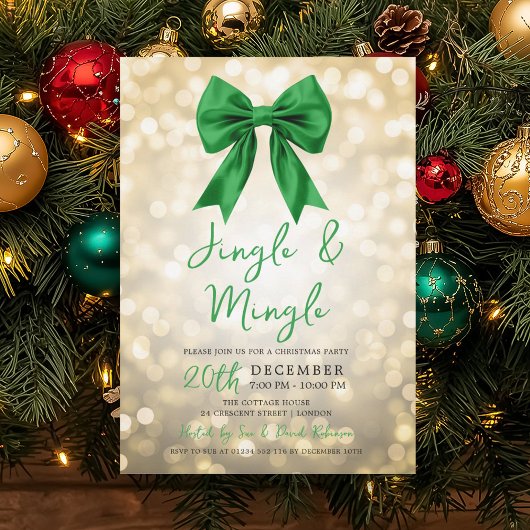 Gold Jingle Mingle Christmas Party Green Bow 招待状