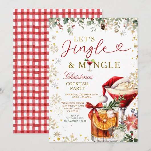 Gold Jingle & Mingle Christmas Santa Cocktail  招待状 (正面/裏面)