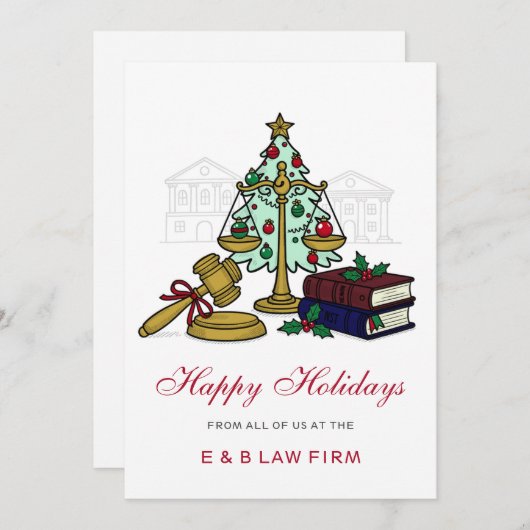 Gold Justice Scale Holly Wreath Law Firm Christmas シーズンカード (正面/裏面)