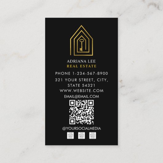 Gold Key Photo Real Estate Agent QR Code Black 名刺 (裏面)