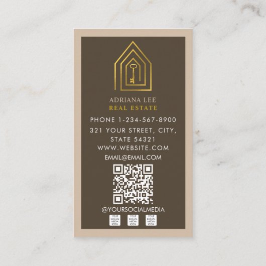 Gold Key Photo Real Estate Agent QR Code Brown 名刺 (裏面)