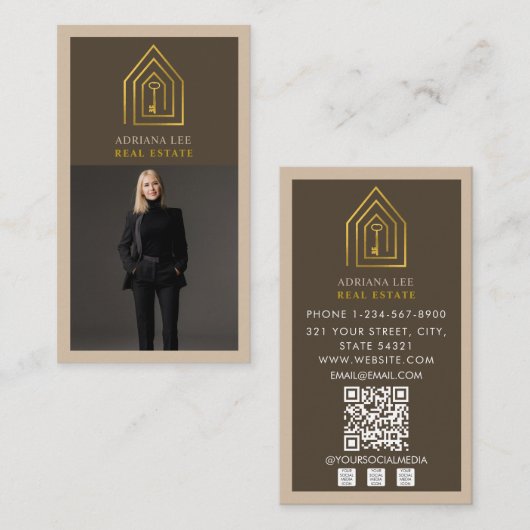 Gold Key Photo Real Estate Agent QR Code Brown 名刺 (正面/裏面)