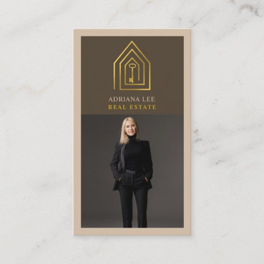 Gold Key Photo Real Estate Agent QR Code Brown 名刺 (正面)