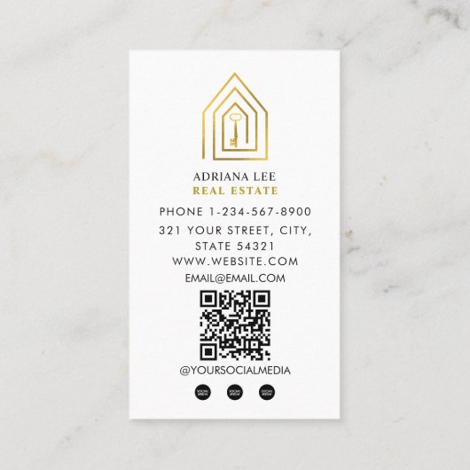 Gold Key Photo Real Estate Agent QR Code White 名刺 (裏面)