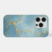 Gold Kintsugi Cracks on Blue Water Droplets iPhoneケース (裏面横)
