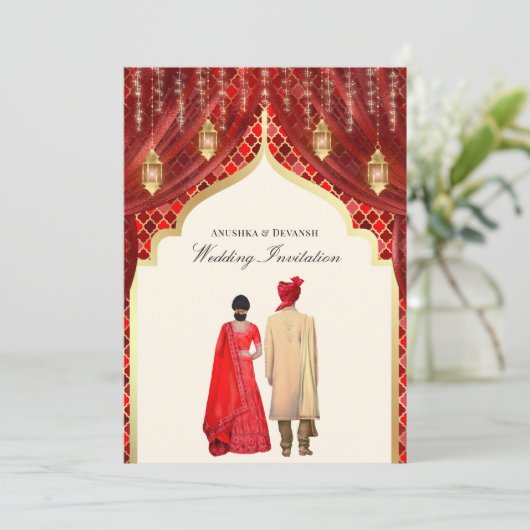 Gold Lanterns Red Indian Couple Wedding 招待状 (スタンド正面)