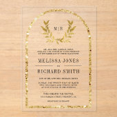 Gold Laurel Wreath Leaves Wedding アクリル招待状 (正面)