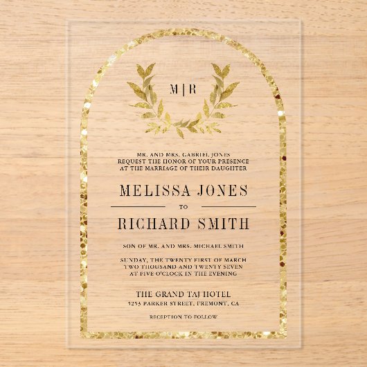 Gold Laurel Wreath Leaves Wedding アクリル招待状 (正面)