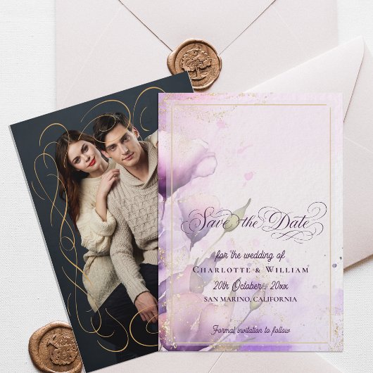 Gold Lavender Floral Photo Wedding Save the Date 招待状