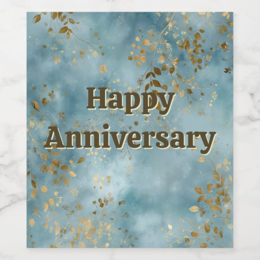 Gold Leaf Botanical Pattern Teal Background ワインラベル (シングルラベル)