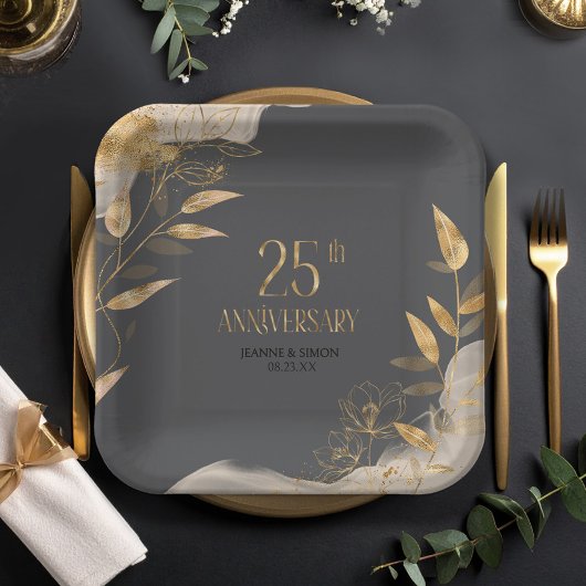 Gold Leaf Floral 25th Anniversary ID1169 ペーパープレート