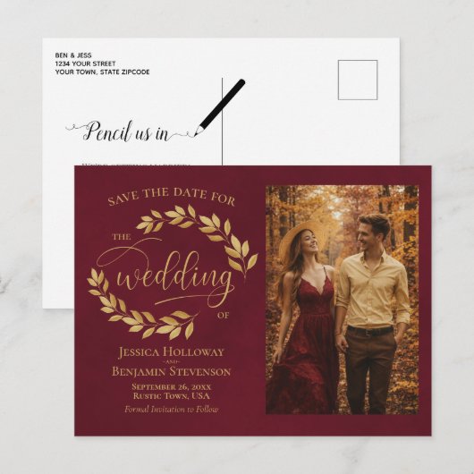 Gold Leaves Burgundy Wedding Save the Date Photo 案内ポストカード (正面/裏面)
