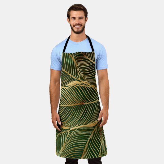 Gold Leaves Forest Green Elegant Pattern エプロン (着用した状態)