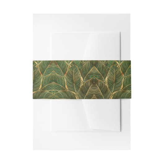 Gold Leaves Forest Green Elegant Pattern 招待状ベリーバンド (正面例)