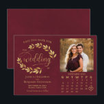 Gold Leaves on Burgundy Photo & Calendar Wedding セーブザデート<br><div class="desc">This beautiful wedding Save the Date card features a burgundy and gold colored design with modern script lettering and a sprigs of hand painted watercolor leaves, vines, or foliage. There is space for your photo, the couple's name & wedding location, and a custom calendar where you can put a heart...</div>