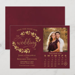 Gold Leaves on Burgundy Photo & Calendar Wedding セーブザデート